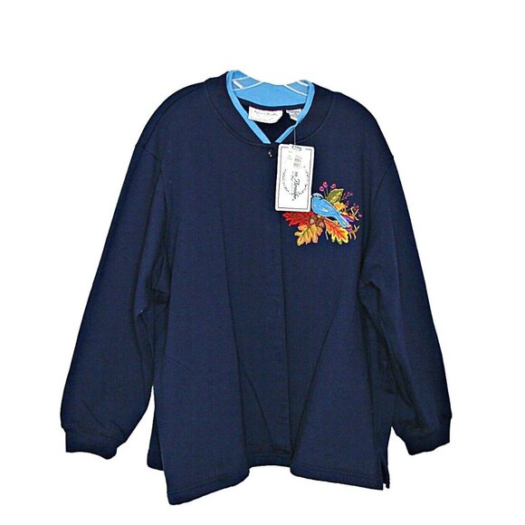 NEW Lauren Brooke Womens 3X Blue Button Jacket Shacket Embroidered Leaves Bird - Picture 1 of 12